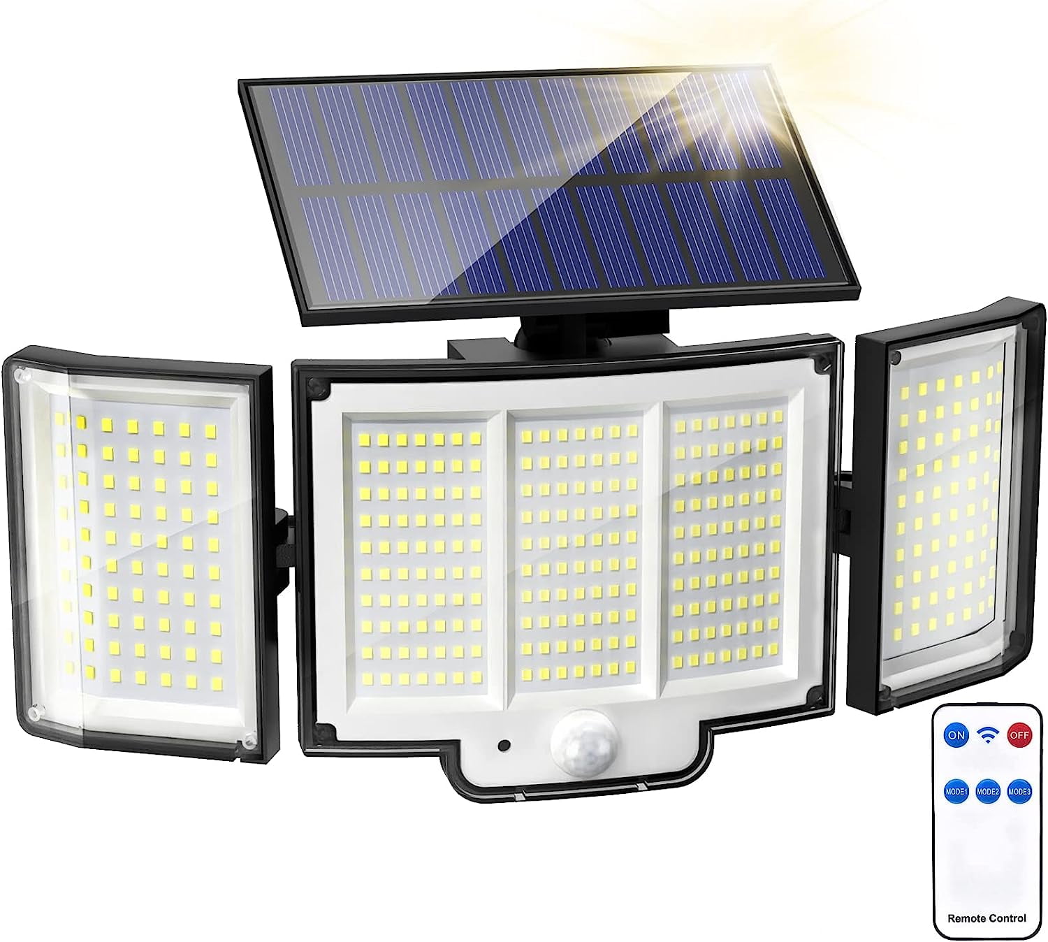 Solar Lights for Outside, 348 LED Motion Sensor Outdoor Lights with Remote Control, 3 Head IP65 Waterproof Security Lights, Solar Flood Wall Lights with 3 Modes for Garden, Patio, Yard,1 Pack