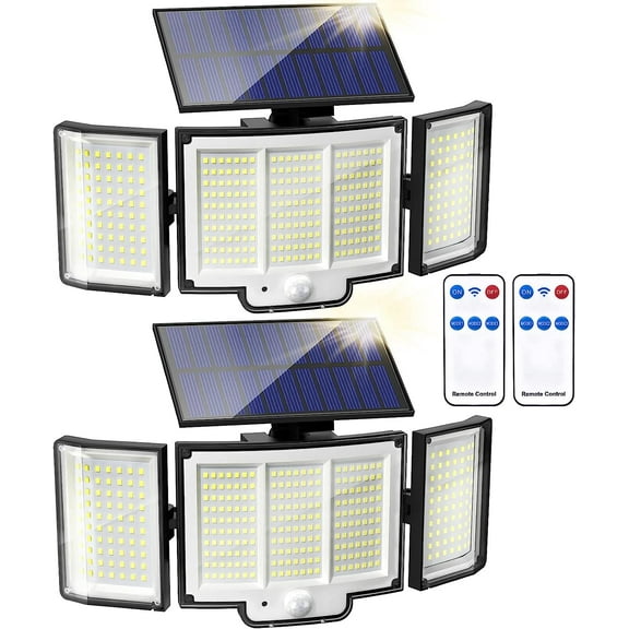 Solar Lights for Outside, 348 LED Motion Sensor Outdoor Lights with Remote Control, 3 Head IP65 Waterproof Security Lights, Solar Flood Wall Lights with 3 Modes for Garden, Patio, Yard,2 Packs