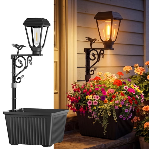 Solar Mini Lamp Post with Planter, 18.5"H 2-in-1 Flower Pots Wall Mount or Freestanding, 3000K Warm White Waterproof Auto On/Off for Porch Garden Patio Pathway