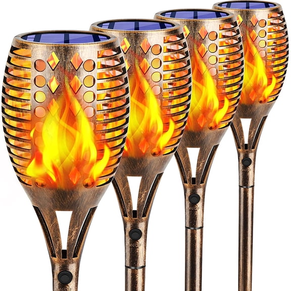 Solar Lights Upgraded, 43" Higher & Larger Waterproof Flickering Flames 96 LED Torches Outdoor Solar Landscape Decoration Lighting Auto On/Off Pathway Lights for Garden Patio,Bronze (4)