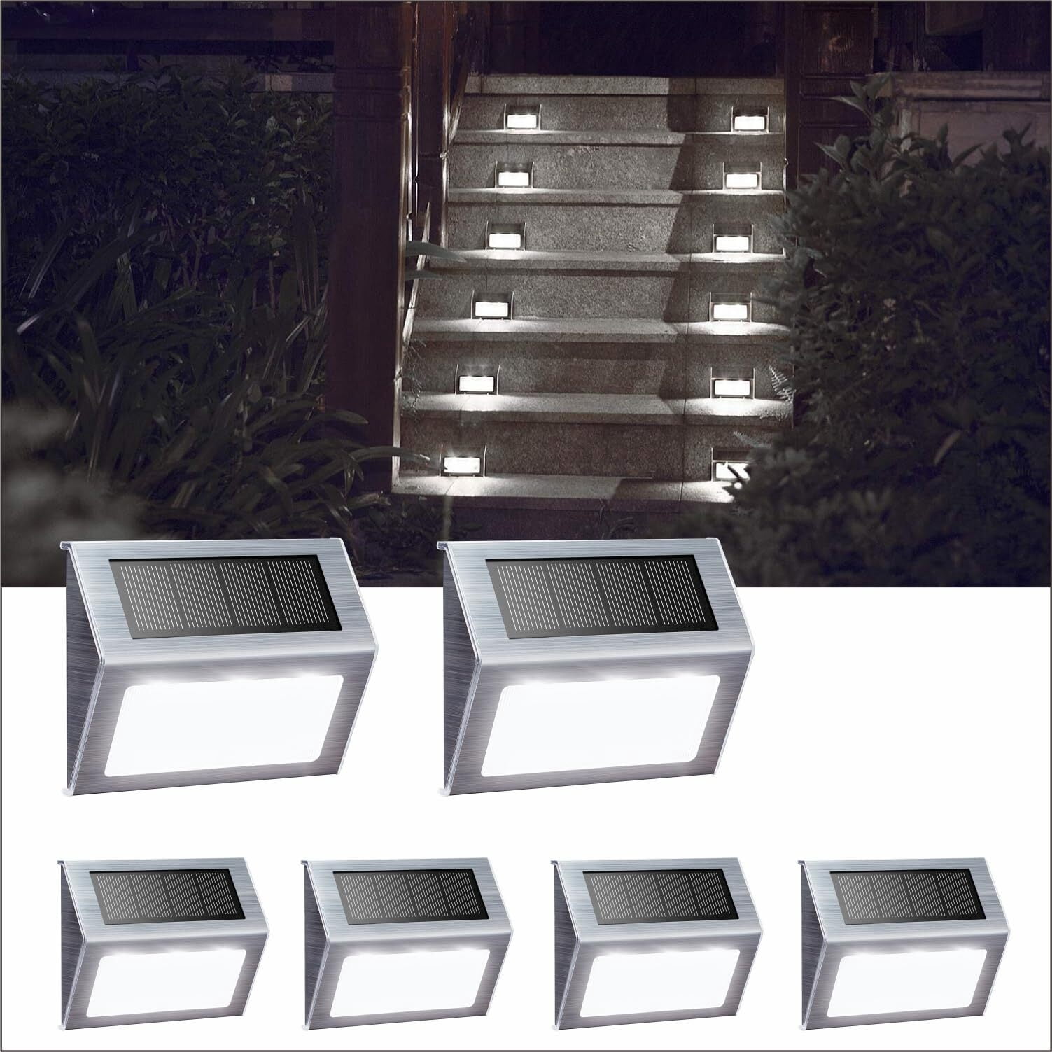 Solar Fence Lights Outdoor, Waterproof Deck Pathway Yard Lamp, Stainless Steel,6 Pack,Black Metal case, White Light
