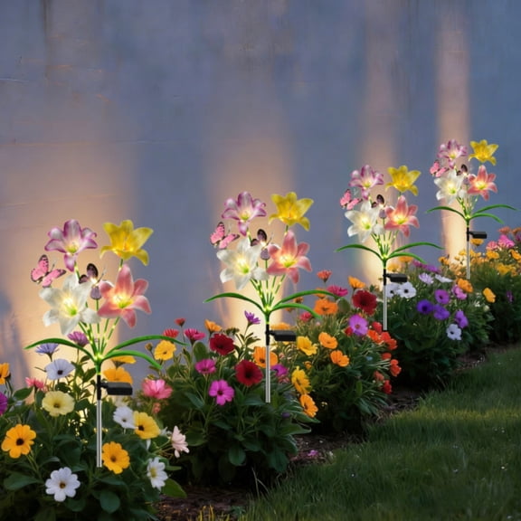 Solar Lily Flower Garden Stake Light, Auto Dusk Dawn Self Charging Outdoor Decor Lamp, All Weather Zero Wiring Color Changing Landscape Lighting for Villa Courtyard Lawn Walkway Patio