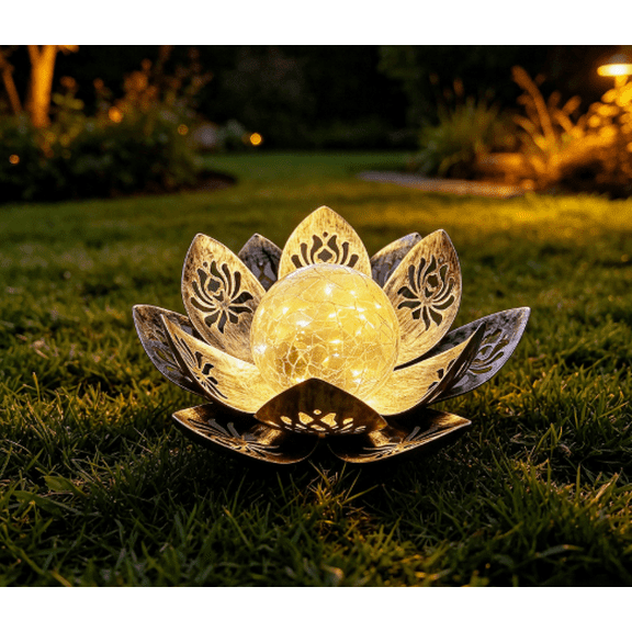 Solar Lotus Flower Garden Light Metal Flower LED Outdoor Light Decor with Crackle Glass Ball Waterproof Warm White Lamp for Patio Yard and Pathway 9.84Inch