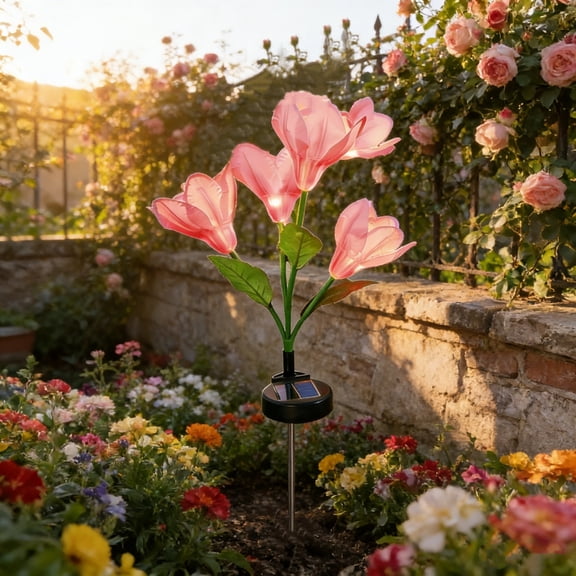 Solar Magnolia Flower LED Garden Stake Lights, Waterproof Outdoor Artificial Plants
