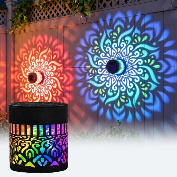 Solar Mandala Lights Outdoor Wall Light Projector Powered Seven-Color Changing,Lamp Projection Waterproof Metal Led Fence Lights for Garden Post Patio Backyard Mandella Decorative Yard Deco