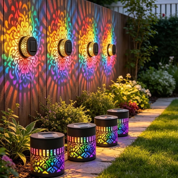 Solar Mandala Lights Outdoor Wall Powered Projector Light Decorative Projection Color Changing Seven-Color Ambient Glow for Garden Fence Patio Yard  4Pcs