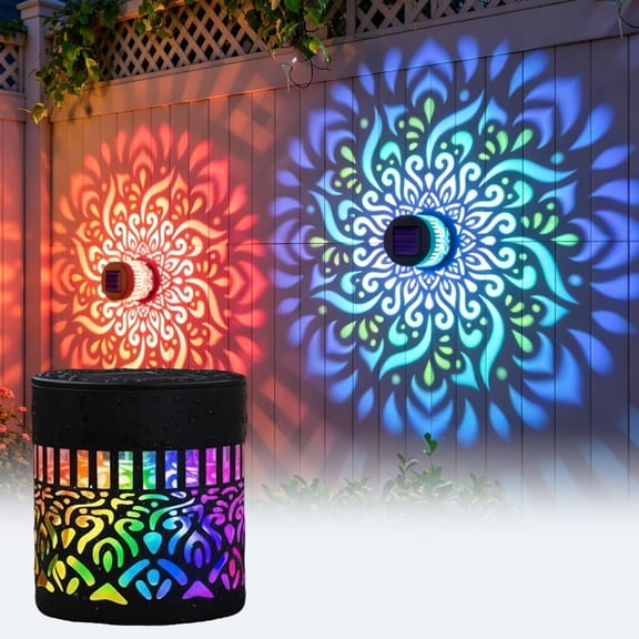 Solar Mandala Lights Outdoor Wall, Seven-Color Changing Solar Mandala Projector Light, Outdoor Waterproof Metal Fence Lights for Garden Post Patio Backyard Yard Decor