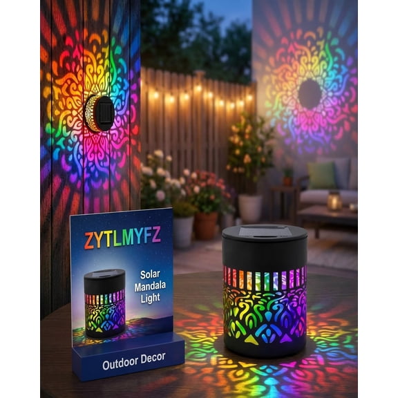 Solar Mandala Projection Light Outdoor Wall Decor, Waterproof Color Changing LED Lamp for Fence Garden Patio Backyard Courtyard Balcony, Metal Decorative Fixture Ambient Lighting Auto On Off