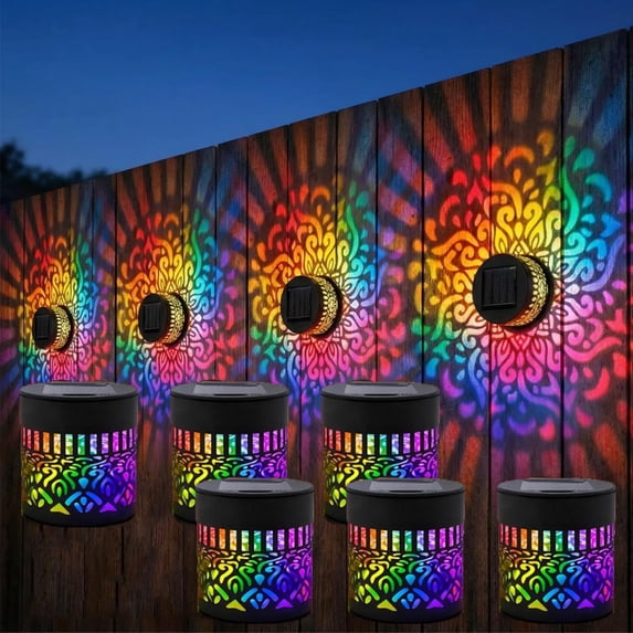 Solar Mandala Projection Outdoor Wall Light, Color Changing Waterproof LED Decorative Lamp for Fence Garden Patio Backyard Courtyard Balcony, Metal Accent Lighting Fixture Auto On Off