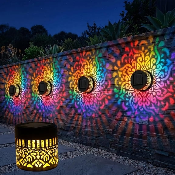 Solar Mandala Projector Wall Light, 7 Color Changing LED Hollow Metal Outdoor Fence Yard Decor Waterproof Solar Lamp
