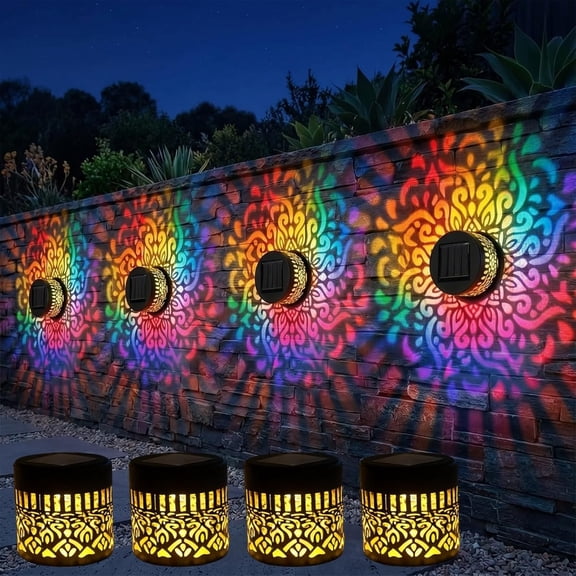 Solar Mandala Projector Wall Light, 7 Color Changing LED Hollow Metal Outdoor Fence Yard Decor Waterproof Solar Lamp