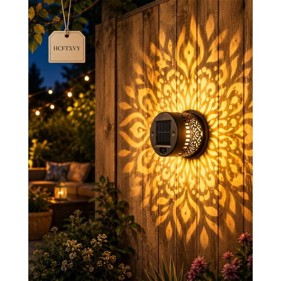 Solar Mandala Projector Waterproof Outdoor Garden Patio Light, Decorative Wall Projection for Fence Yard Backyard Courtyard Pathway, Metal Seven Color Powered Hollow Design Shadow