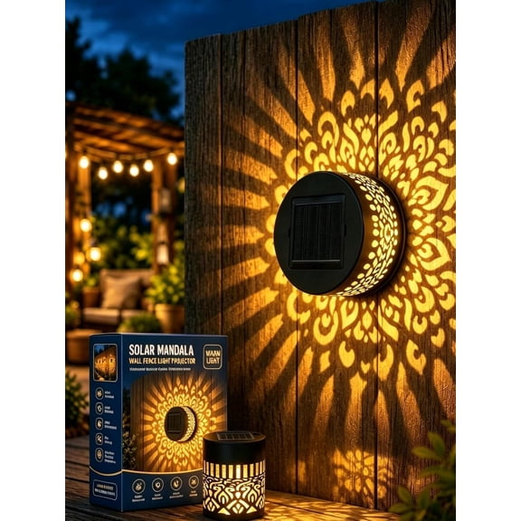 Solar Mandala Wall Fence Light Projector, Waterproof Outdoor Garden Metal Hollow Decorative Lamps, Creative 7 Color Changing Shadow Cast Projection Light for Yard Patio Backyard Decor
