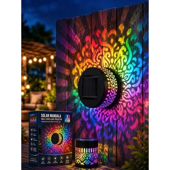 Solar Mandala Wall Fence Light Projector, Waterproof Outdoor Garden Metal Hollow Decorative Lamps, Creative 7 Color Changing Shadow Cast Projection Light for Yard Patio Backyard Decor
