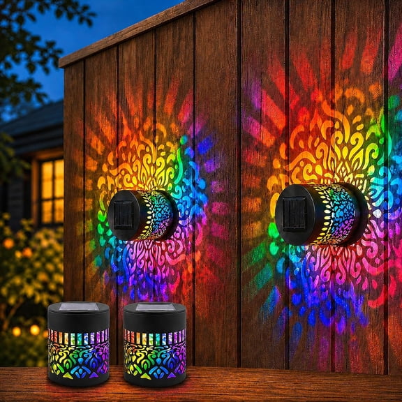 Solar Mandala Wall Light Outdoor Projection Lamp Seven Color Changing Solar Projector Light Decorative Mosaic Disk Garden Fence Patio Wall Decor Waterproof Landscape Lighting