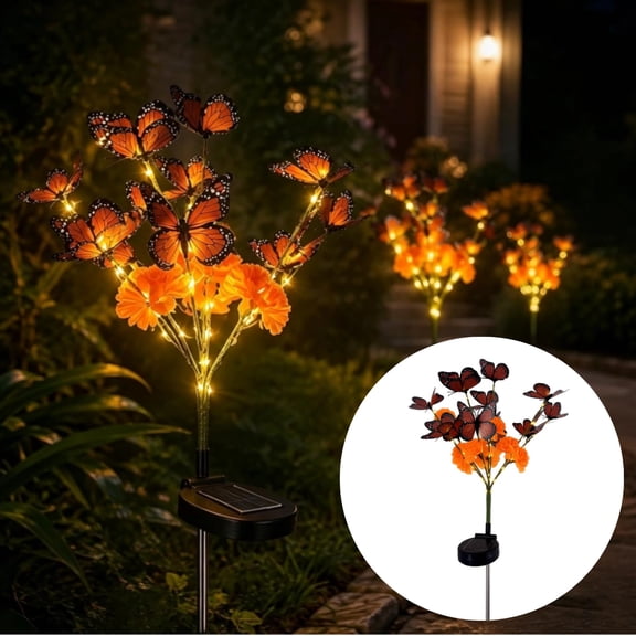Solar Marigold & Butterfly Garden Stake Lights, Artificial Flower Monarch Butterfly Solar LED Stake Light, Waterproof Yard Grave Decor for Halloween Diwali Dia De Los Muertos