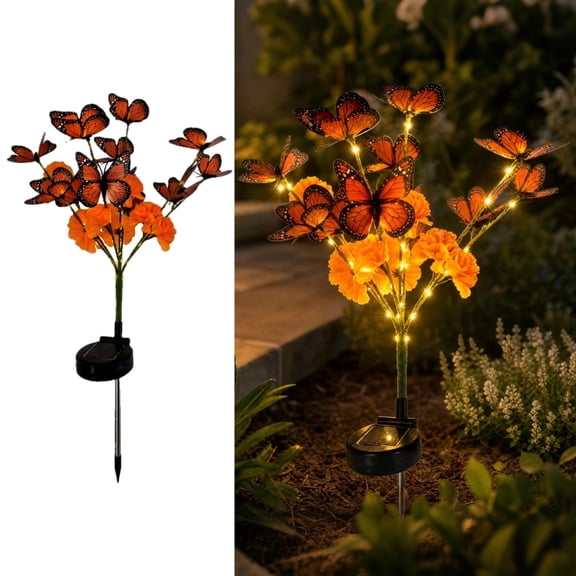 Solar Marigold & Butterfly Garden Stake Lights, Outdoor Waterproof Solar Garden Stake, Artificial Flower Monarch Butterfly Ornament for Day of The Dead Dia De Los Muertos Decor