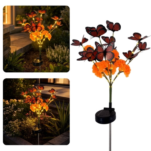 Solar Marigold & Butterfly Garden Stake Lights, Waterproof SolarOperated Outdoor Lights, Artificial Flower Monarch Butterfly Ornament for Dia De Los Muertos Day of The Dead Altar