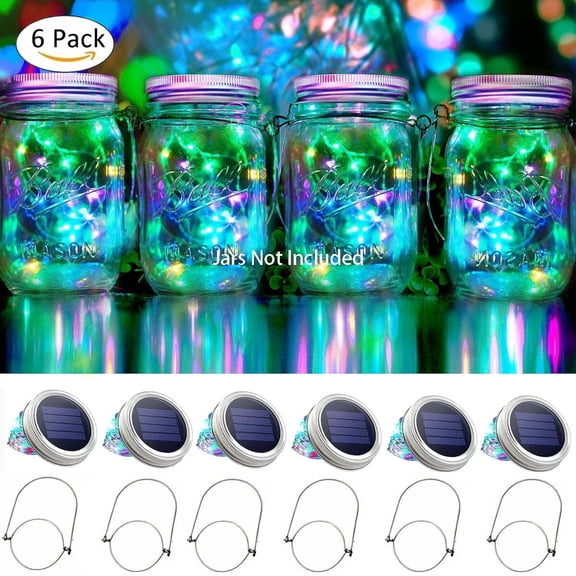 Solar Mason Jar Lights, 6 Pack Solar Fairy Lights Outdoor with 20 LED String Lights, Hangers and Auto On Off Lids for Garden, Patio, Yard, Wedding and Party Decor (No Jars)