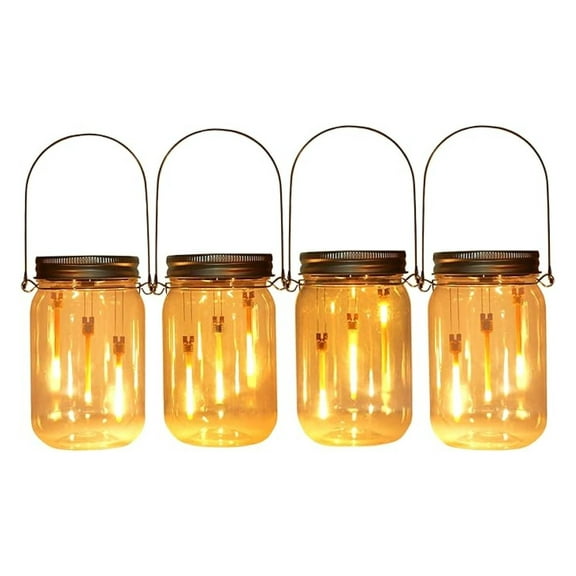 Solar Mason Jar String Lights,4-Pack(Plastic Mason Jars Include) Solar Powered Glass Outdoor Hanging Lamps Lighting,Waterproof LED Flame Dancing Lights for Garden Patio