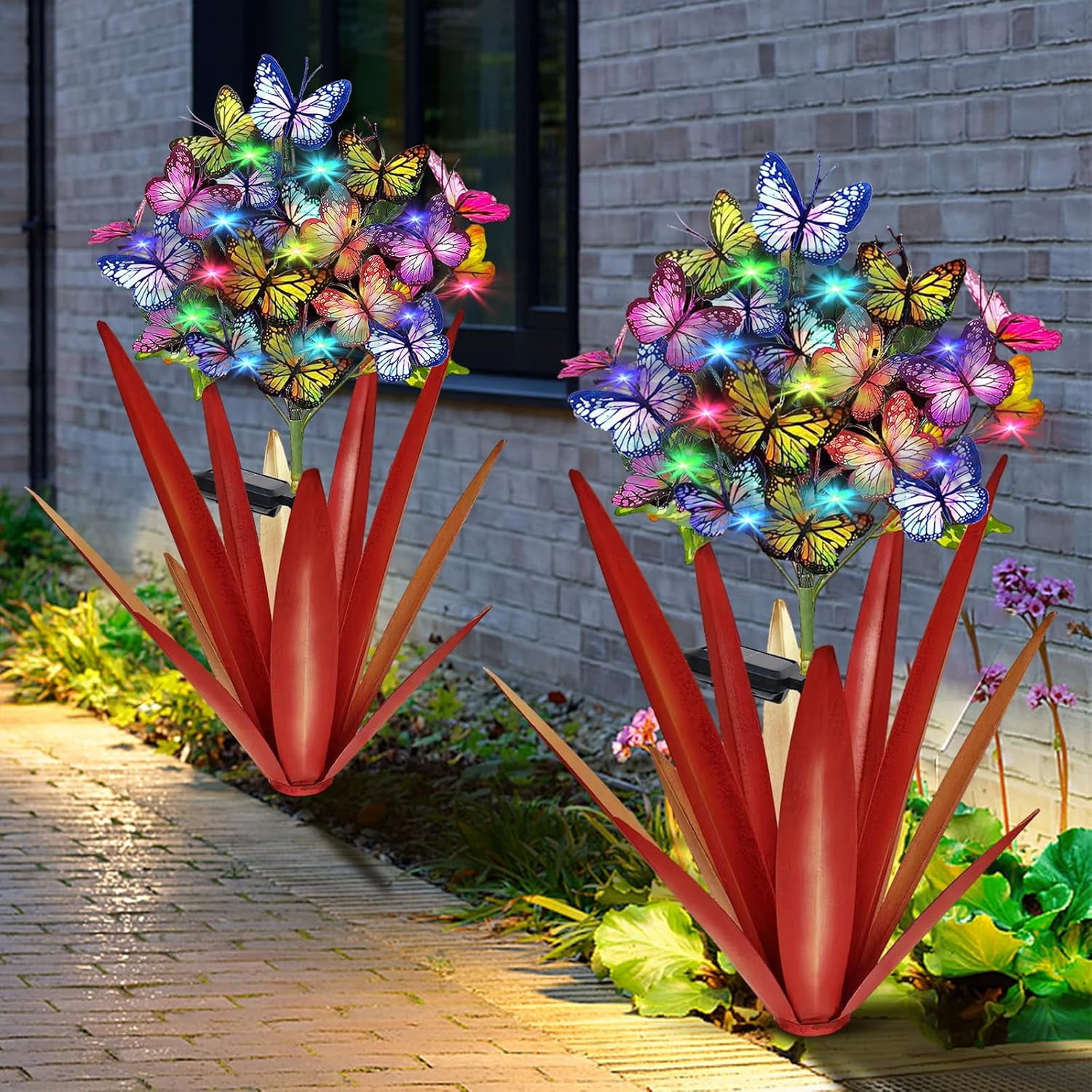 Red Metal Agave Butterfly Solar Garden Sculpture Set