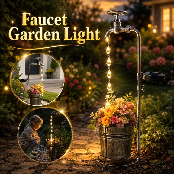 Solar Metal Faucet Water Drop String Light with Built-In Flower Pot, Auto Dusk To Dawn Waterproof Farmhouse Outdoor Pathway Decor Lamp for Yard Lawn Patio Garden
