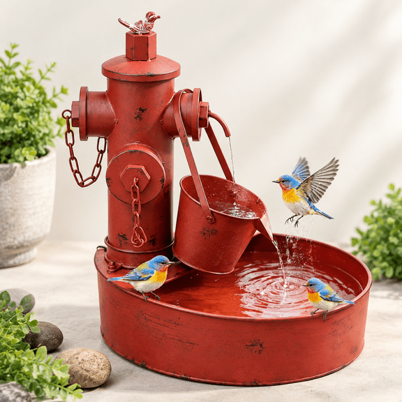 Solar Metal Fire Hydrant Bird Bath Fountain, Outdoor Garden Decor