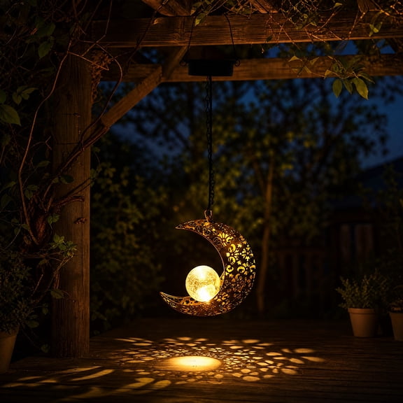 Solar Metal Garden Chandelier, Moon Projection LED Hanging Tree Light, Waterproof Outdoor Wrought Iron Ornament for Yard, Terrace, Landscaping and Festival Atmosphere Decor