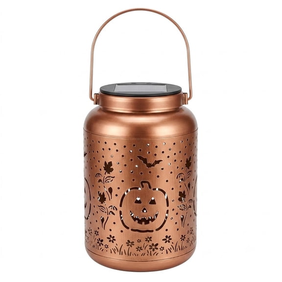 Solar Metal Jar Lantern, Halloween Pumpkin Bat Cutout Projection Light, Retro Copper Hanging Outdoor Garden Pathway Decor Lamp