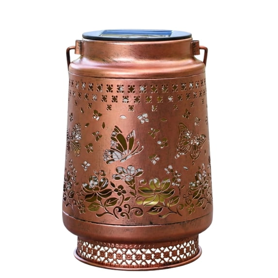 Solar Metal Lantern Outdoor Hanging Tabletop Decorative Light with Handle Cutout Pattern Cylinder Design for Garden Patio