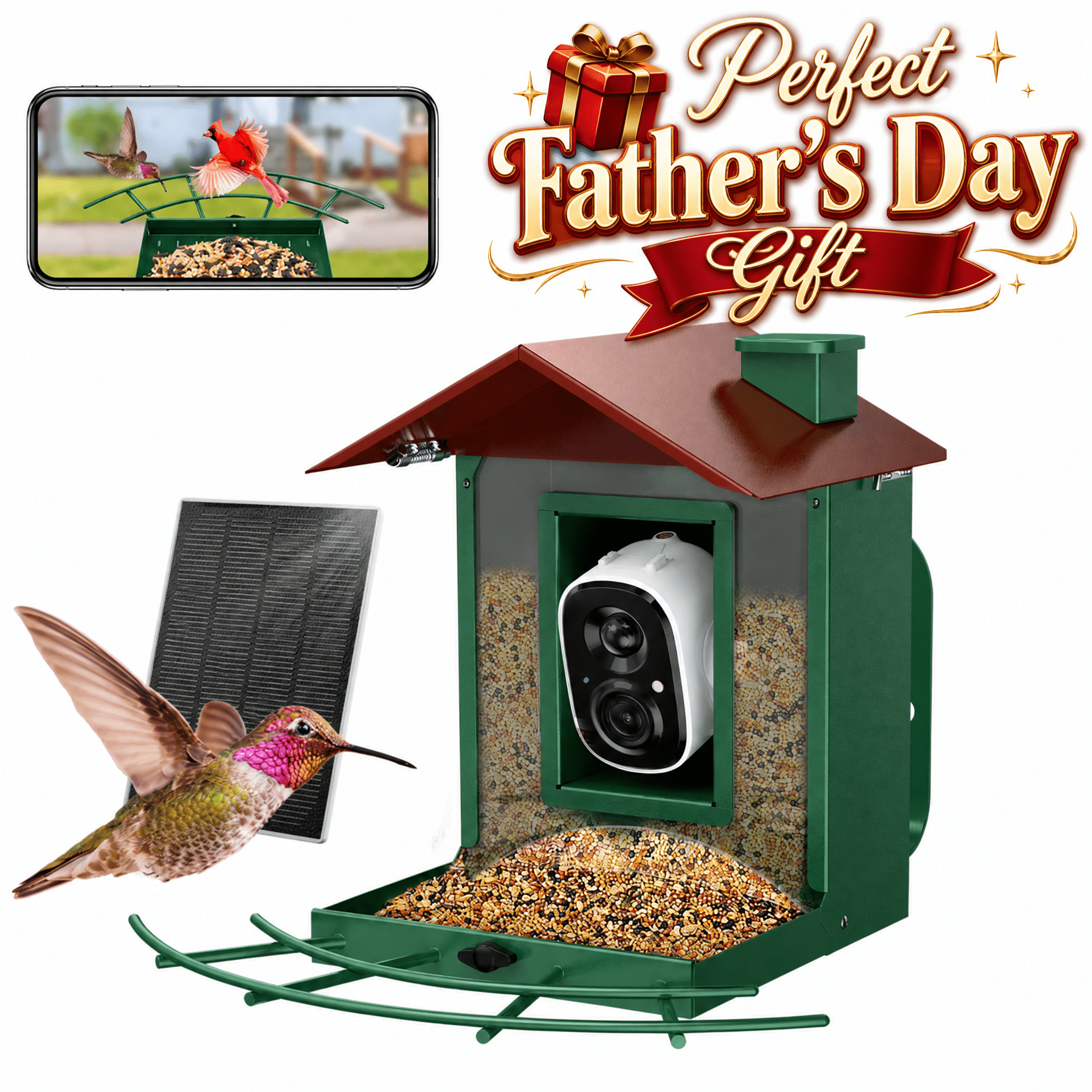 AI Bird Feeder Camera with Solar, 2K Night Vision, Identifies 1000+ Species, Outdoor Gift for Bird Lovers Father's Day Gifts