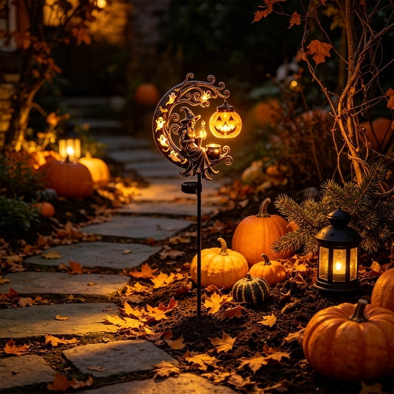 Solar Metal Witch Garden Stake Light, Auto Dusk‑Activated Halloween Ground‑Insert Lamp, Weather‑Resistant Festive Ornament for Patio Backyard Front‑Yard Halloween Scene Layout