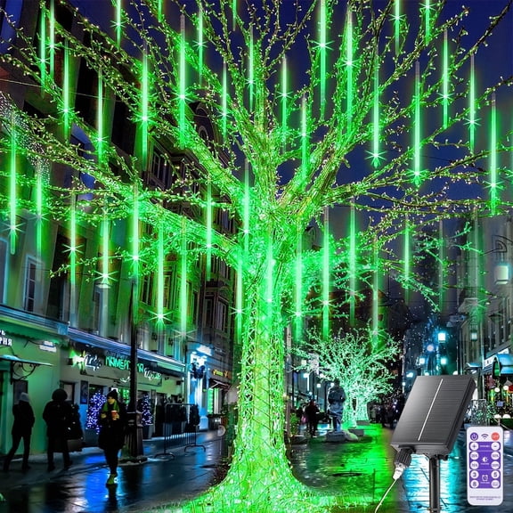 Rirool Green Solar Meteor Shower Lights, 20 in 8 Tube 288 LED Raindrop Icicle Lights with Remote Timer, Waterproof Outdoor Garden Tree Patio St Patricks Holiday Decor for Yard Party Home