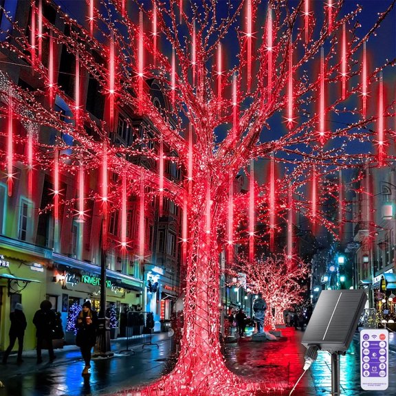 Rirool Red Solar Meteor Shower Lights, 20 in 8 Tube 288 LED Raindrop Icicle Lights with Remote Timer, Waterproof Outdoor Christmas Valentine Party Yard Tree Decor for Holiday Home Patio