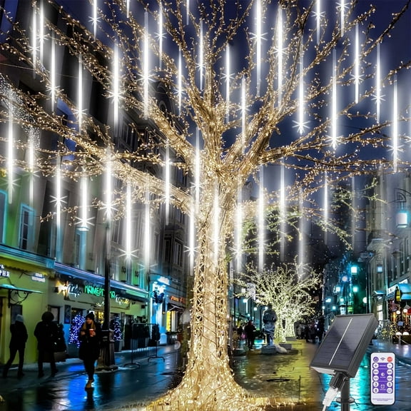 Solar Meteor Shower Icicle Lights - 20" 8 Tubes 288 LED Multicolor Raindrop Lights with Remote Timer - Holiday Party Christmas Decor (White)