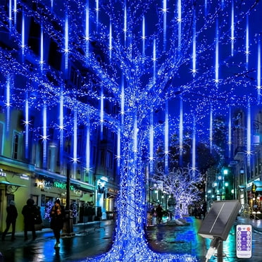 Solar Meteor Shower Icicle Lights - 8 Tubes 192 LED 11.8-inch Raindrop Lights with Remote Control Timer Function for Holiday Party Christmas Decorations (Blue)