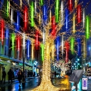 Solar Meteor Shower Icicle Lights - 8 Tubes 192 LED 11.8-inch Raindrop Lights with Remote Control Timer Function for Holiday Party Christmas Decorations (Multic