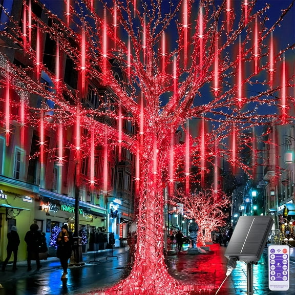 Solar Meteor Shower Icicle Lights - 8 Tubes 192 LED 11.8-inch Raindrop Lights with Remote Control Timer Function for Holiday Party Christmas Decorations (Red)