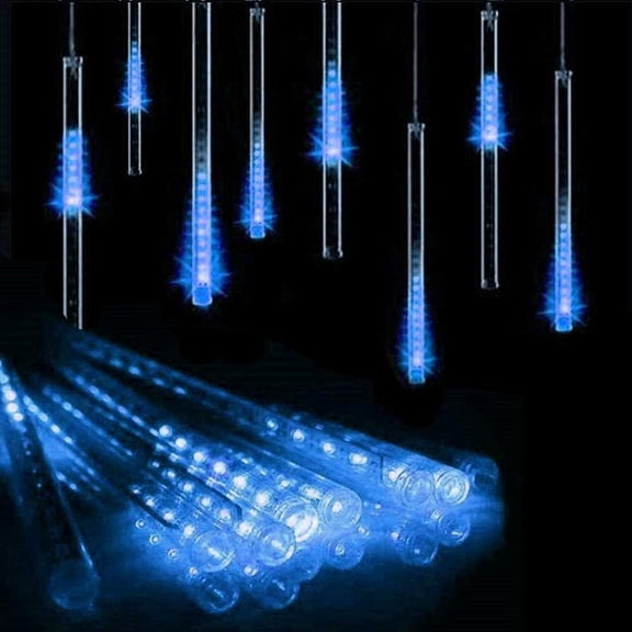 Solar Meteor String Lights- Waterproof Garden Lights with 192 LEDs Falling Raindrop Effect- 30cm 8 Tubes Blue Outdoor Solar Lights for Holiday- Party- Wedding & Christmas Decoration.