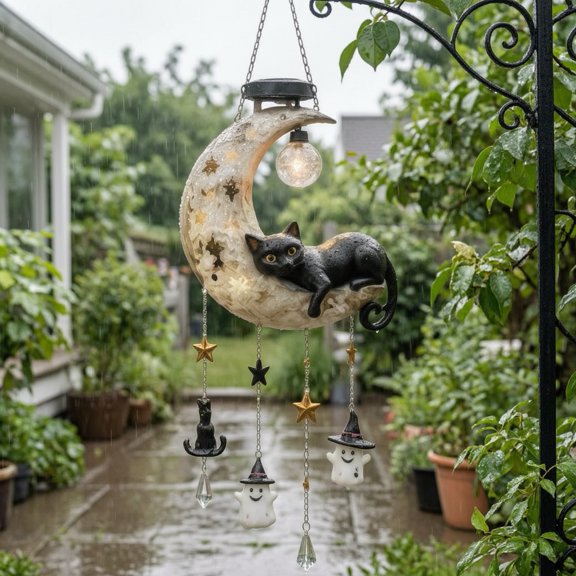 Solar Moon Black Cat Wind Chime Light, Solar Powered Hanging Lamp, Waterproof Resin Outdoor Decor for Garden Patio Yard, Gift for Gardener Mom Grandma Women