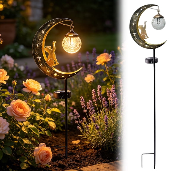Solar Moon Cat Garden Lights, 33.5 Inch Metal Cat on Moon Outdoor Decor Lamp With Crackle Glass Ball, Waterproof Landscape Stake Light for Garden Patio & Backyard