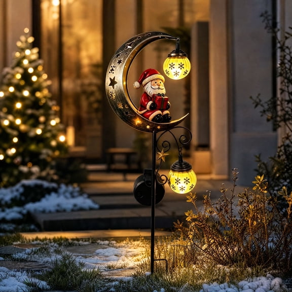 Solar Moon Christmas Garden Stake, Metal Crescent Moon Cutout with Warm LEDs, Solar Charging Lights Outdoor Decor After Dark, Holiday Party Decorating, for Garden Beds, Lawns, and Winter Pathways