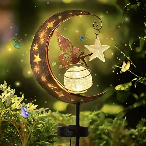 Solar Moon Fairy Garden Lights Yard Decorations Outdoor, Waterproof Moon Fairy Crackle Glass Globe with Angel, Garden Ornament for Patio, Lawn, Yard, Pathway-Unique Gift Ideas for Gardening