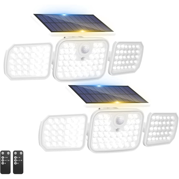 Solar Motion Lights Outdoor, 2 Pack with Remote Control and 3 Modes, IP65 Waterproof Solar Security Flood Lights for Garden Patio Garage Backyard, White