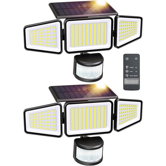 Solar Motion Lights Outdoor, 228 LED 3000LM High Brightness Lights with Remote Control, IP65 3 Heads Flood Light 4 Modes, 270? Wide Angle Motion Sensor Light, 2 Packs