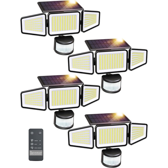 Solar Motion Lights Outdoor, 228 LED Solar Lights with Remote Control, IP65 3 Heads Flood Light with 4 Modes, 270? Wide Angle Motion Sensor Light Outside - 4 Packs