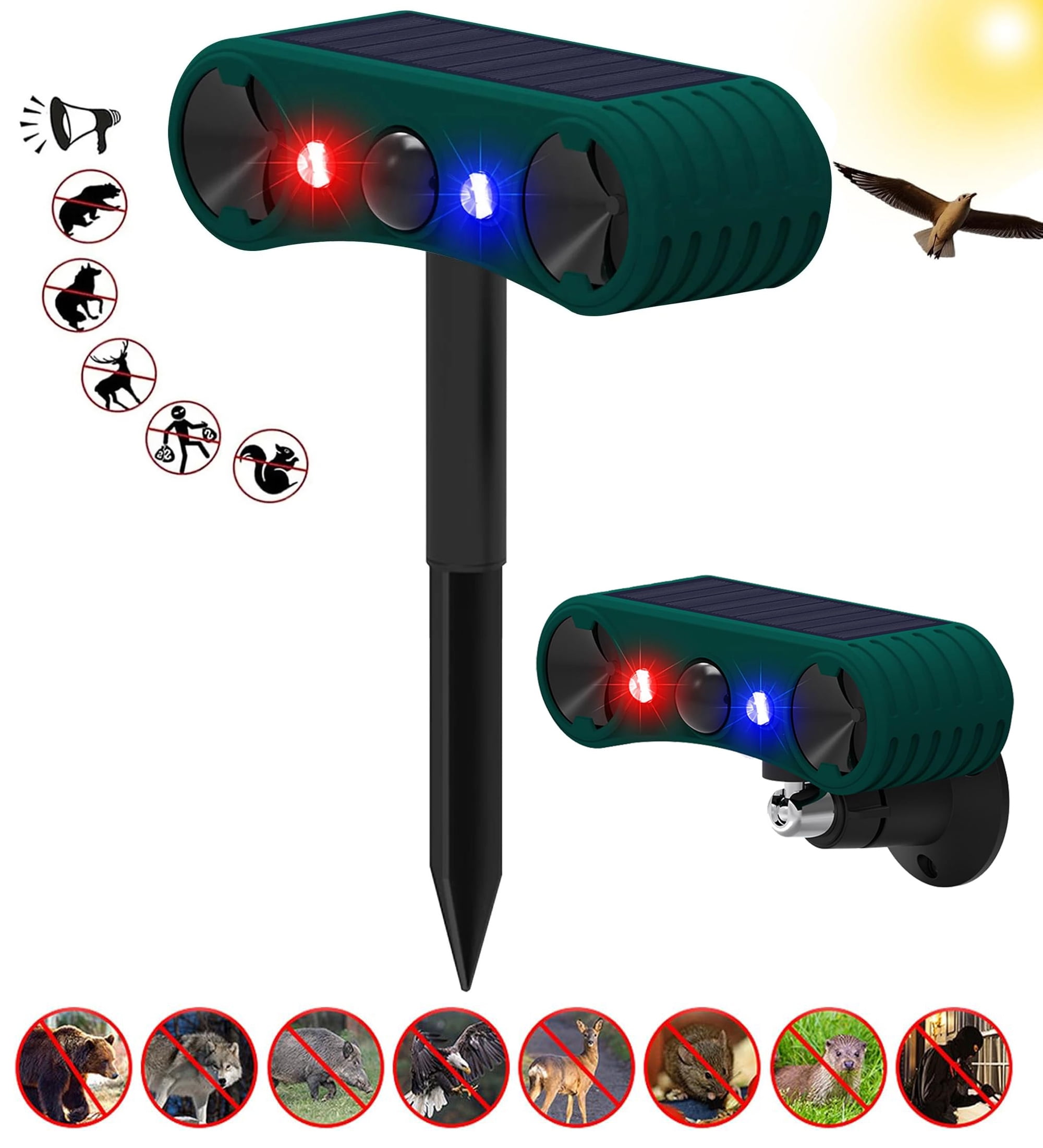 Solar Motion Sensor Alarm - 130dB Siren, Ultrasonic & Strobe Lights, 4 Modes, Waterproof Outdoor/Indoor Security Alarm for Home, Yard, Garden, Shed (Green, Solar Powered)