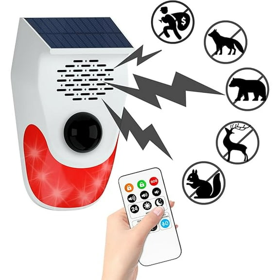 Solar Motion Sensor Alarm Outdoor Indoor, Motion Sensor Noise Maker With 8 Replaceable Recording, Volume, Light- Motion Detector Alarm, Motion Activated Deer Bear Intruder Deterrent Devcies