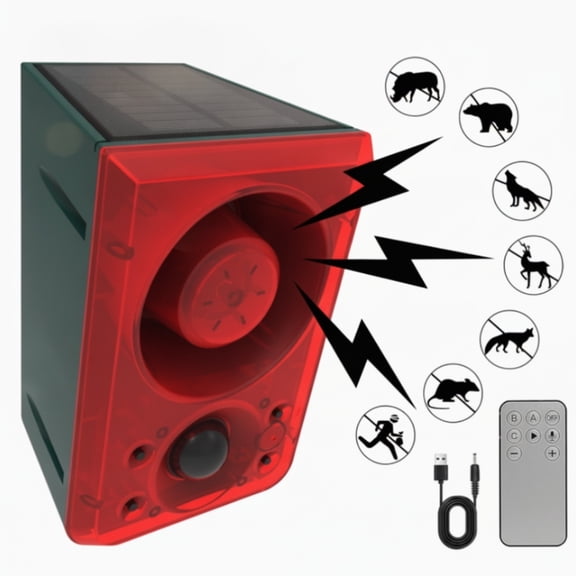 Solar Motion Sensor Alarm, Outdoor Security Strobe Light with Dog Barking and Gunshot Sound, 130dB Siren, Waterproof Intruder Deterrent