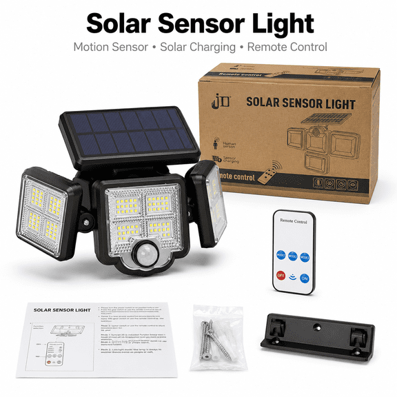 Solar Motion Sensor Light Outdoor with Remote Control, Adjustable 4-Head LED Security Flood Light for Garage, Yard, Driveway